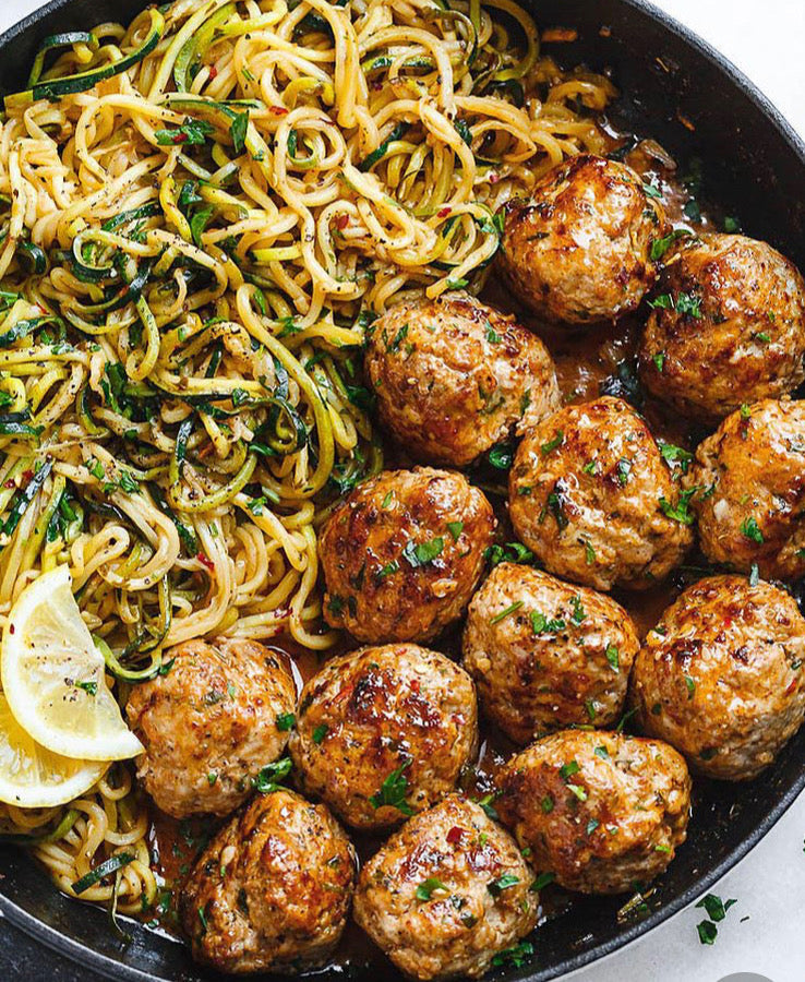 Garlic Butter Zucchini Noodles with Turkey Meatballs (GF,K)