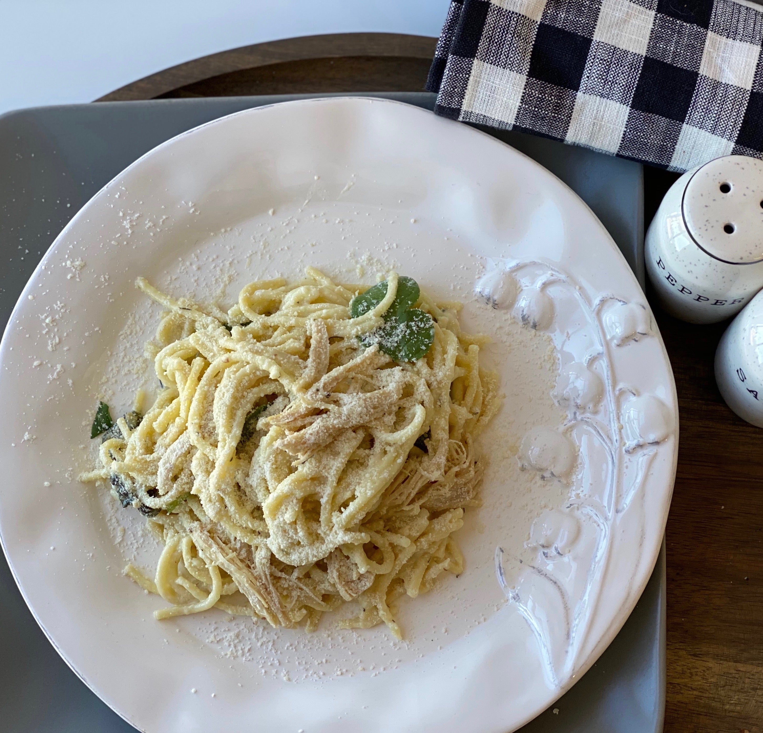 Roasted Chicken over Garlic Parmesan Noodles